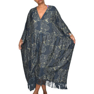 Billy Reid Jacquard Kaftan Dress Blue Long Oversized Caftan Fringe Medium Large
